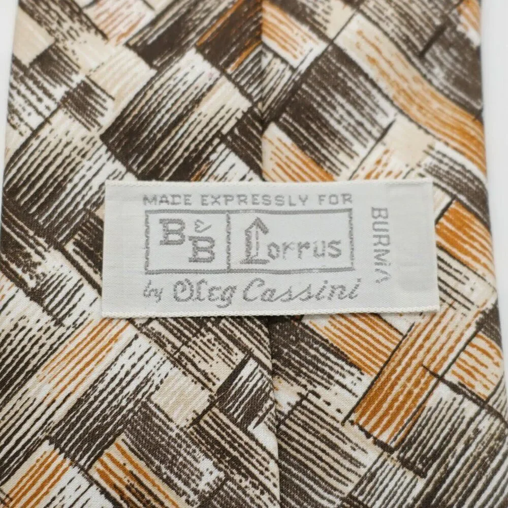 Oleg Cassini Deco Art Abstract Print Brown Polyester Short Wide Tie‎